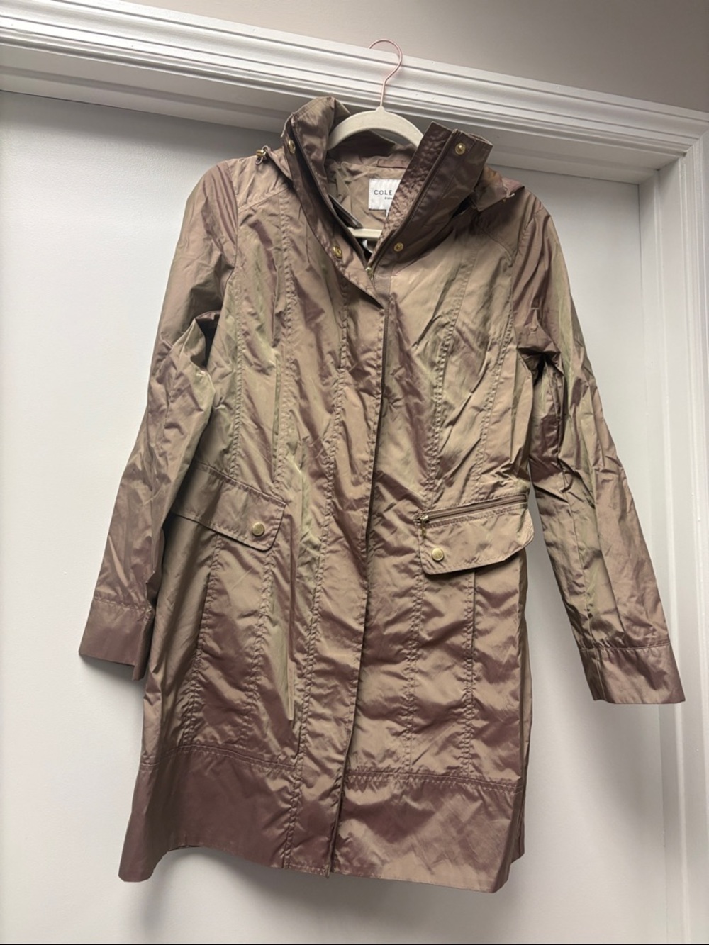 Cole Haan Iridescent Taupe Hooded Trench Coat
